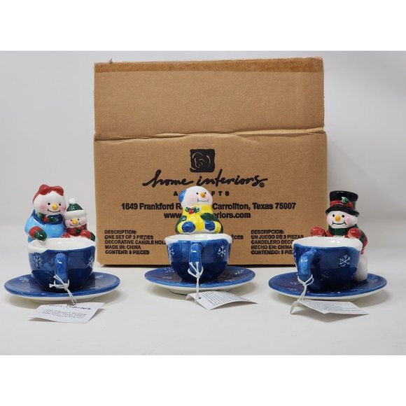New Home Interiors Set Of 3 Snowmen Tea Light Candle Holders In‎ Original Box - Picture 1 of 11
